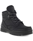 An Ecco black leather boot with black and grey laces, a black midsole, and a black outsole.