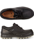 A pair of Ecco black leather shoes with black laces and 4 pewter eyelets. Midsole is black, outsole is taupe.