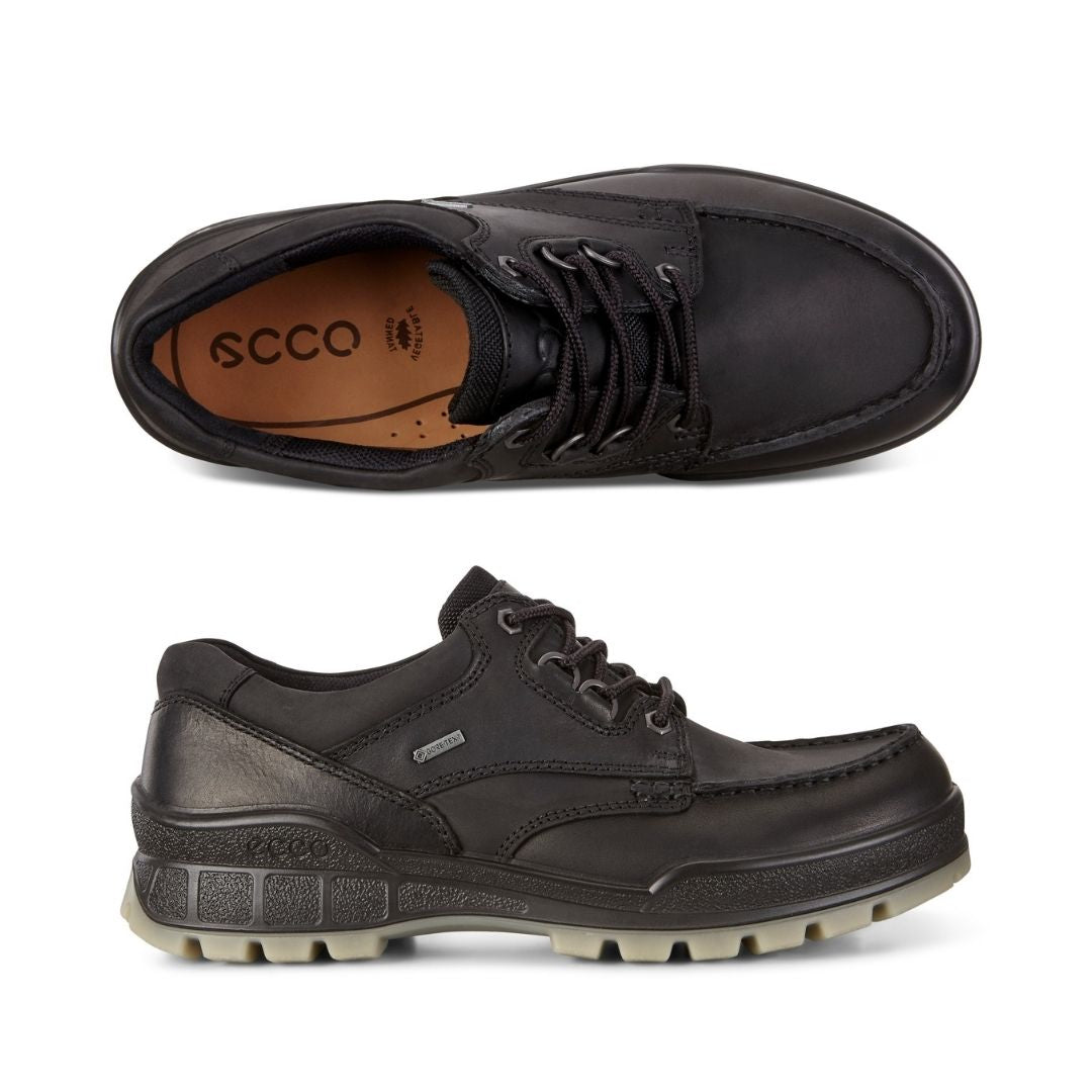 Top and side view of black leather Ecco shoe with laces, tan insole and lugged beige outsole.