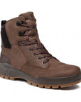 An Ecco brown nubuck boot with brown lace closure, black midsole and brown outsole.