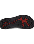 Black deep treaded rubber outsole with red accents and red Ecco logo in middle.