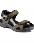 An Ecco Yucatan grey and olive nubuck sandal with black accents on velcro heel, instep and toe straps. Footbed, midsole, and outsole are black.