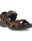 An Ecco Yucatan brown nubuck sandal with black accents on velcro heel, instep and toe straps. Footbed, midsole, and outsole are black.