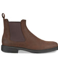 Profile of an Ecco Chelsea boot with a brown nubuck upper with a black outsole and dark brown elastic goring.