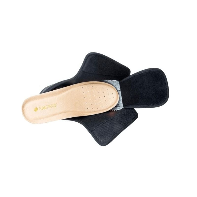 Top view of the Doctor Slipper in black, with the straps completely opened to display the adjustability provided. Insole is beige with Foamtreads branding.