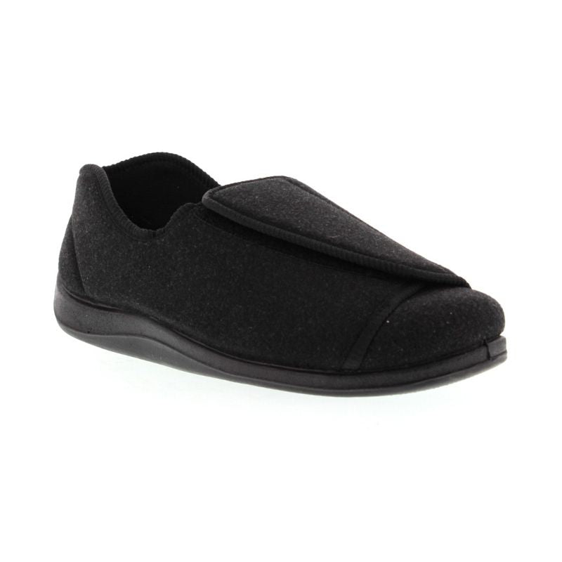 Doctor Slipper in black. Black textile upper with Velcro closure and black rubber outsole.