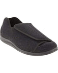 Doctor Slipper in charcoal. Dark grey textile upper with Velcro upper and a black rubber outsole.