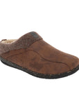 Lucas Slipper in brown. Distressed brown faux leather upper with a brown textile collar and a black outsole.