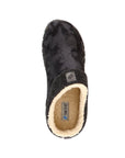 Black slide on shoe with beige faux fur lining and black outsole