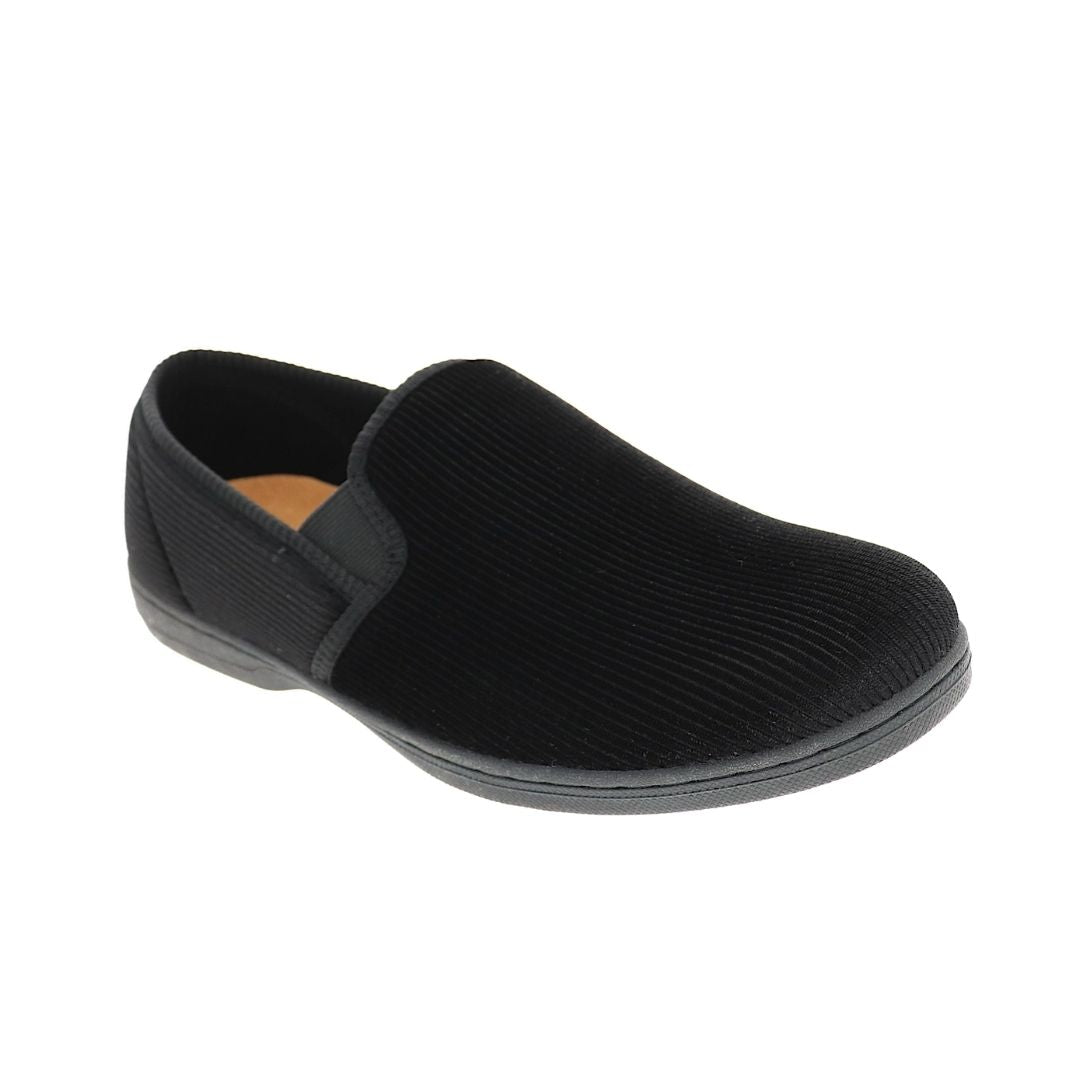 Regal 2 Slipper in black. A closed-back slip-on with a ribbed black textile upper and a black outsole.