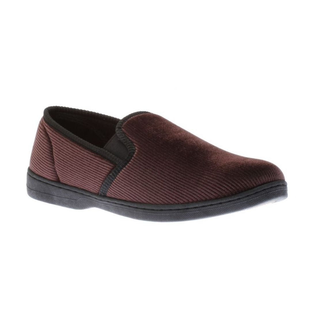 Regal 2 Slipper in Dark Brown. A closed-back slip-on with a ribbed brown textile upper, black trim, and a black outsole.