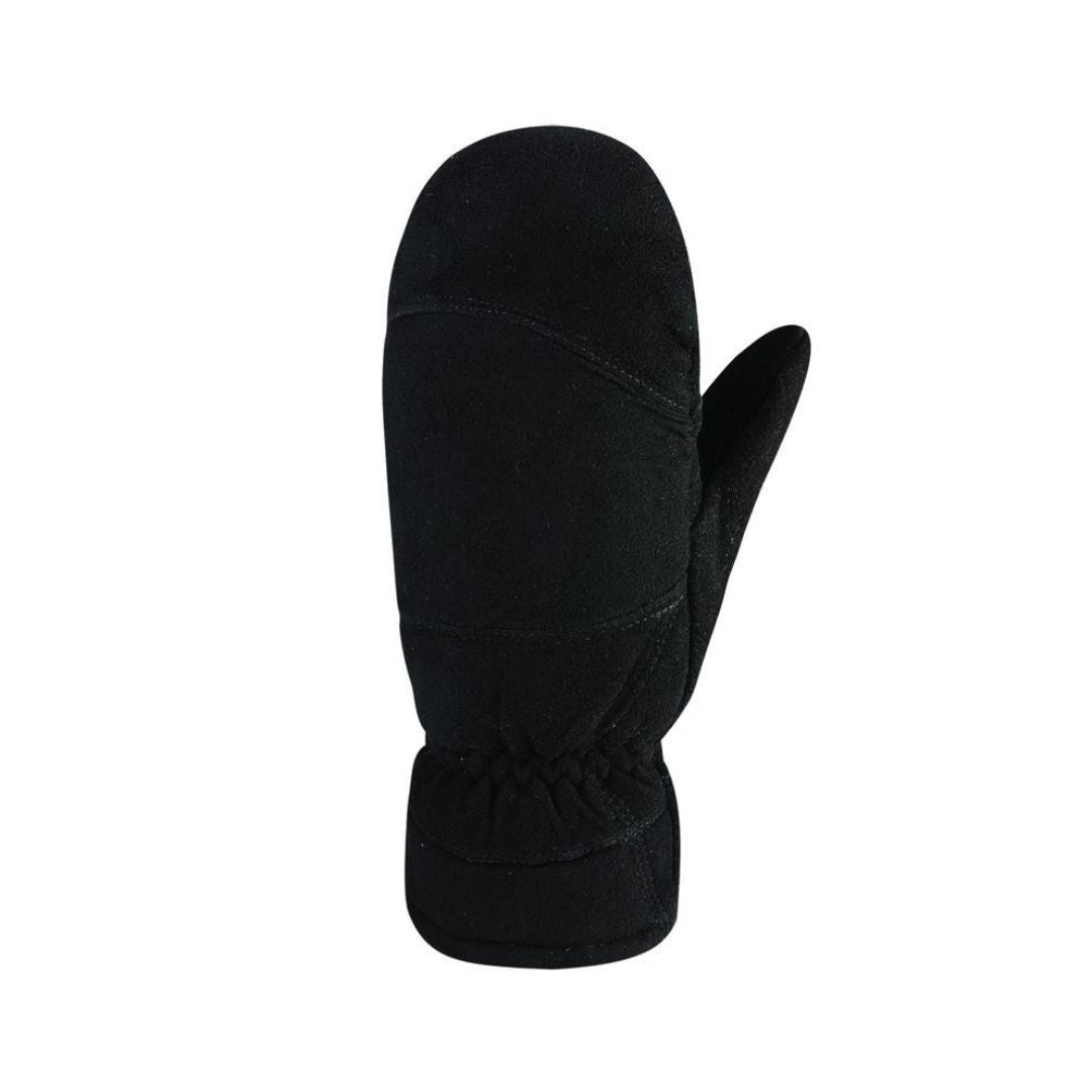 Top view of black suede leather mitten with stitched detailing.