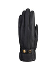 An Auclair black leather glove with detail stitching lines and an adjustable cuff, fitted with gold button closure.