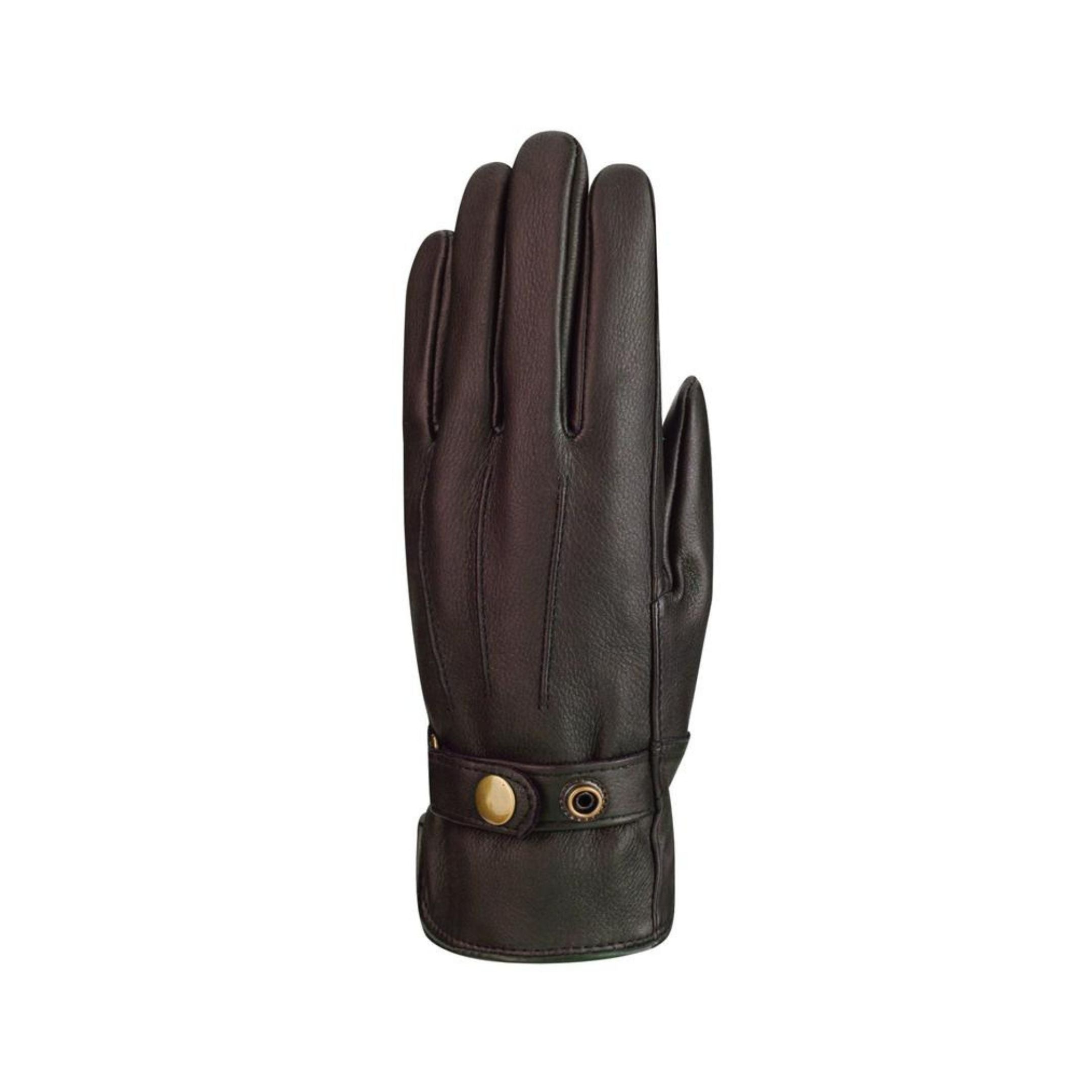 Top view of brown leather gloves with detail lines and an adjustable cuff, fitted with gold button closure.