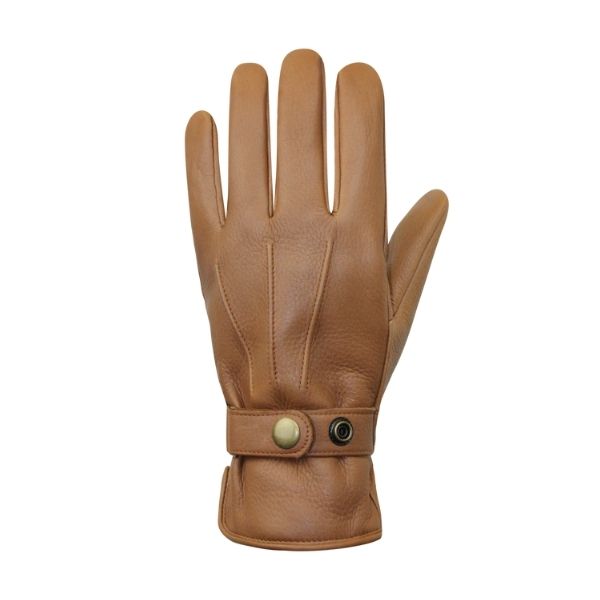 Tan leather gloves with detail lines and an adjustable cuff, fitted with gold button closure. 
