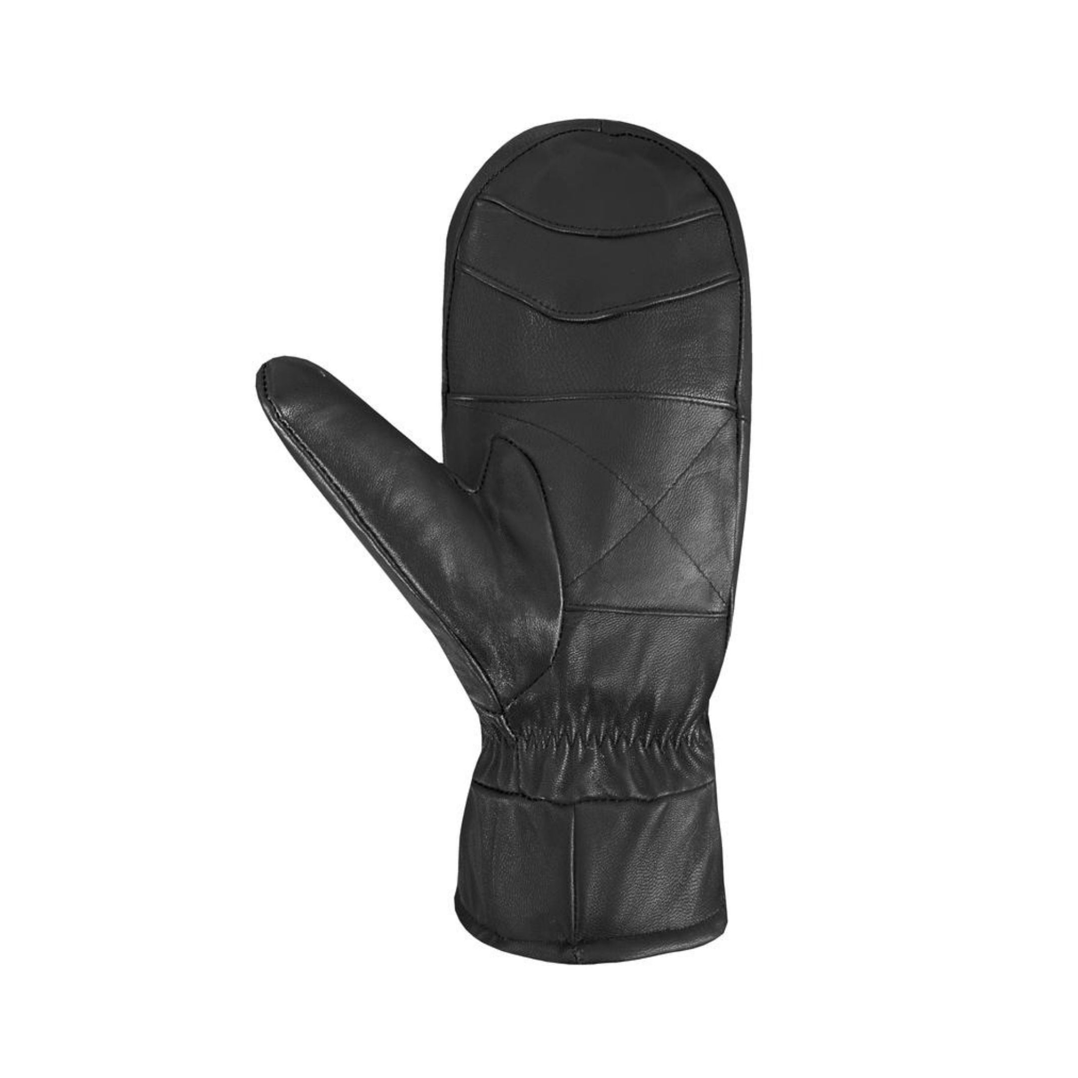Palm side of black leather mittens with stitched details. 