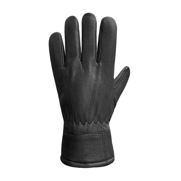 Top view of black leather gloves with stitched detailing along cuffs. 