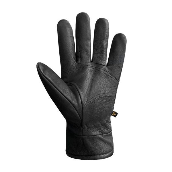 Palm side view of black leather gloves.