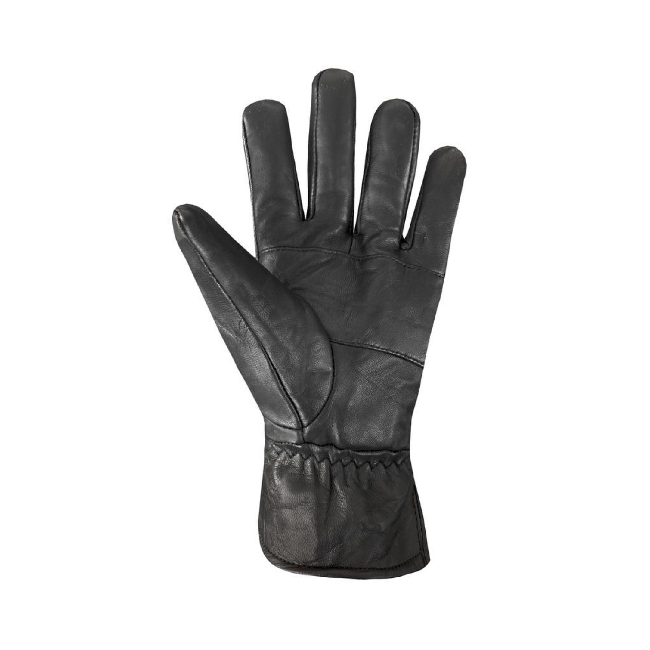 Palm side of black leather gloves with detail stitching and gathered at cuff.