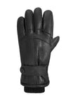 An Auclair black leather glove with stitched detailing, an adjustable button closure at the wrist and textile cuffs.