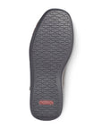 Black outsole with wavy pattern tread and red Rieker logo on heel.