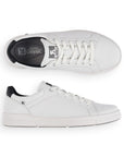 Top and side view of Men's Rieker 07102 Lace Sneaker showcasing white leather upper, cushioned insole, and lace-up closure for adjustable fit.