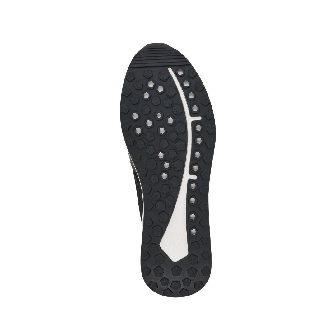 Outsole of Men's Rieker 07602 Slip On Sneaker with textured rubber grip and flexible tread for enhanced traction and stability.
