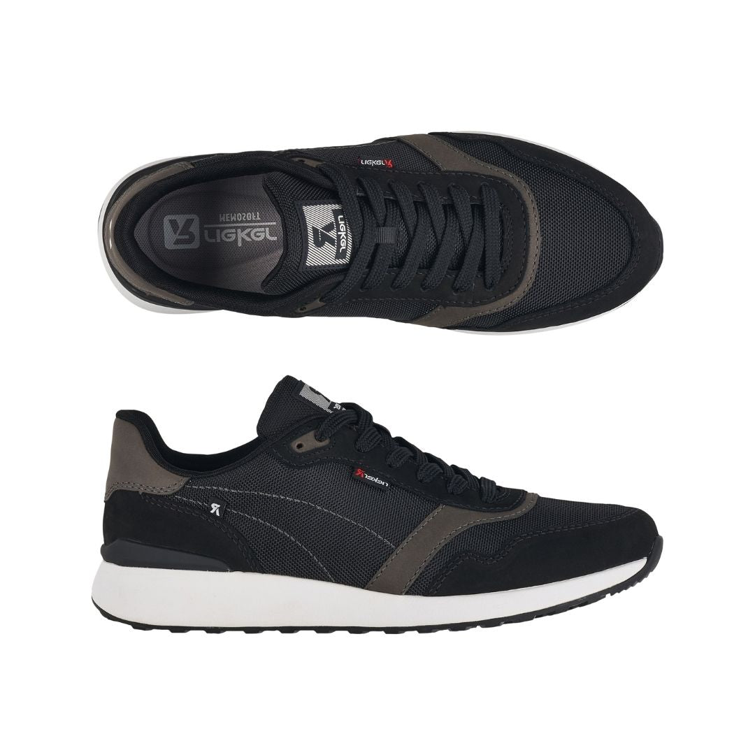 Top and side view of Men's Rieker 07602 Slip On Sneaker showcasing lace-up design, cushioned collar, and stylish panel detailing.