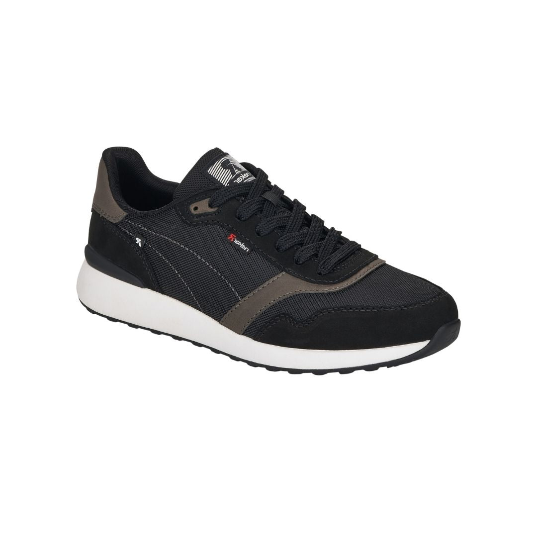 Men's Rieker 07602 Slip On Sneaker in black with grey accents, featuring breathable mesh and SoftFoam insole for all-day comfort.