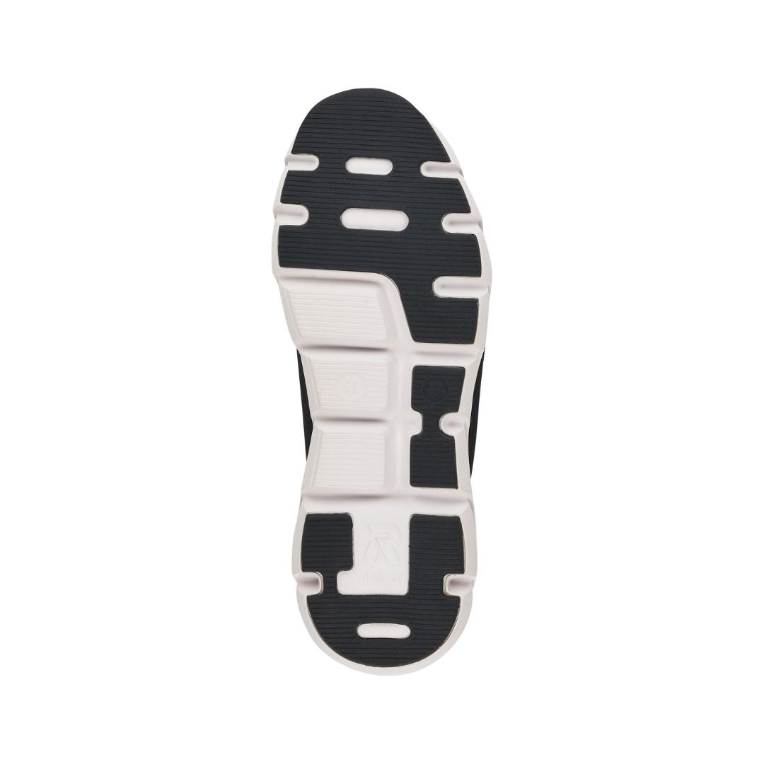 Black and white outsole of Rieker slip-on sneaker