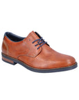Brown lace up dress shoes with navy laces. Rieker embossed on side.