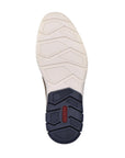 Rubber outsole, half white and half navy with red Rieker logo on navy part at heel.