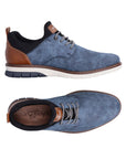 Pair of Slip-On Lace Sneakers in blue with perforated upper, black cuff, brown heel accents, tan Rieker logo'd footbed and white outsole.