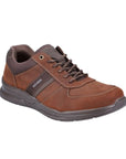 Brown lace up sneakers with dark brown outsole. Rieker logo is printed on side.