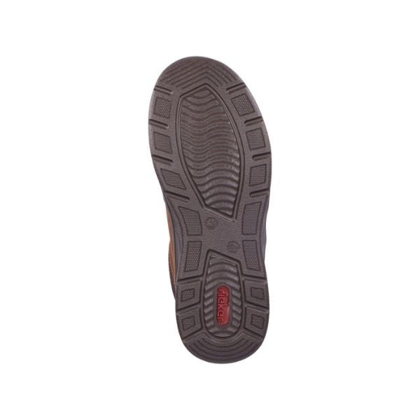 Dark brown outsole with red Rieker logo.