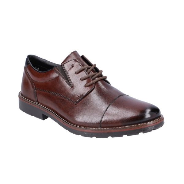 Dark brown leather dress shoe with lace closure and black outsole.