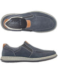 Pair of Navy slip-on shoes with accent stitching, moc toe, brown accents, grey Rieker logo'd footbed, grey midsole and black outsole.