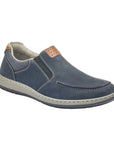 Navy slip-on shoe with accent stitching, moc toe, brown accents, grey midsole and black outsole.