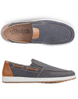 Top and side views of navy Men's Rieker 18266 Loafer showing perforated leather upper, elastic inserts, and white sole for lightweight wear.