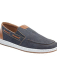 Men's Rieker 18266 Loafer in navy leather with tan accents, featuring perforated upper and elastic sides for easy slip-on comfort.