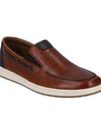 Men's Rieker 18266 Loafer in brown leather with black heel detail, featuring perforated upper and elastic side panels for comfort.