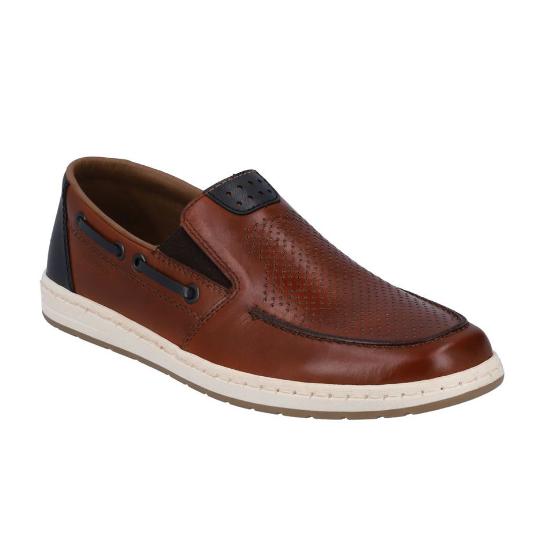 Brown leather boat shoe with navy accents, cream midsole and brown outsole.