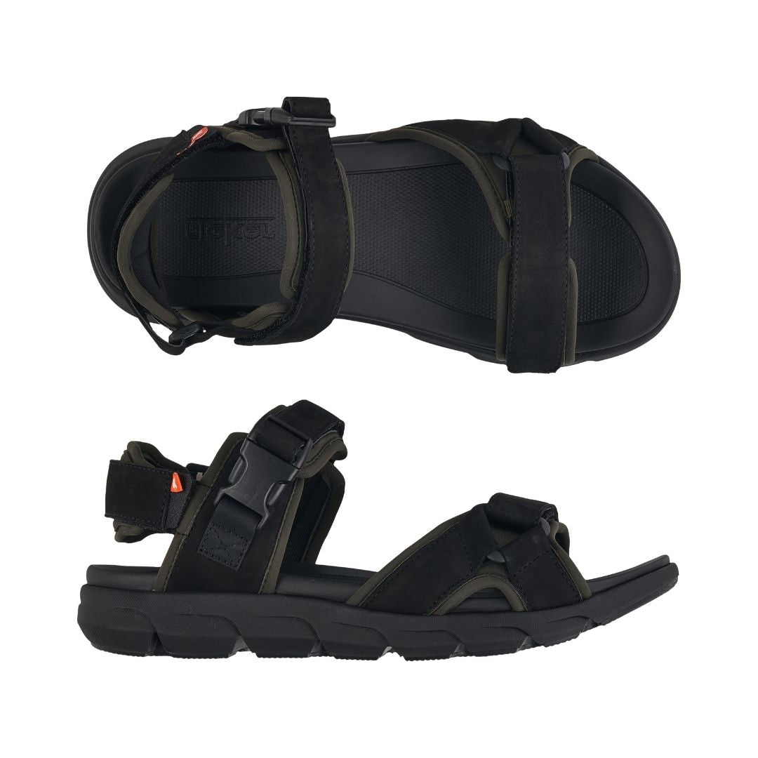 Top and side view of men's sport sandal with three adjustable straps.