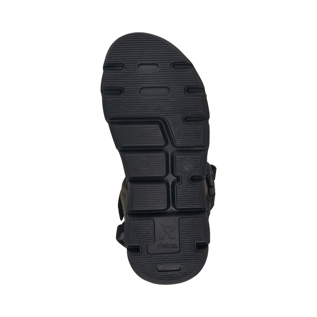 Black outsole of men&#39;s Rieker sandal with Rieker logo on heel.
