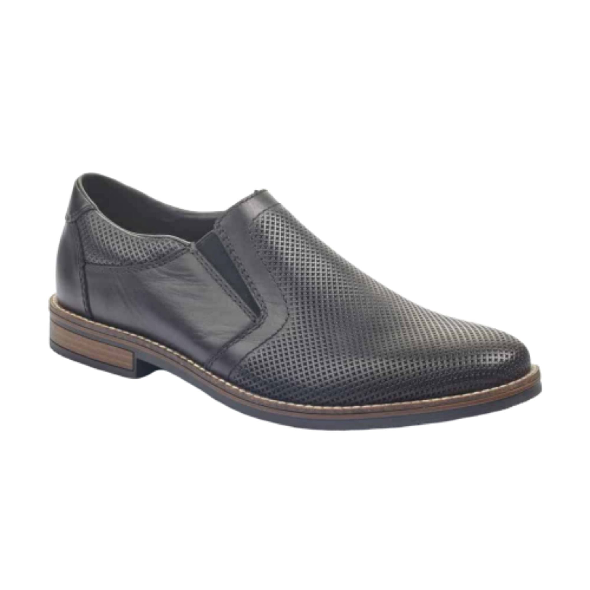 Men&#39;s black, semi-dress loafer with perforations. Made by Rieker.