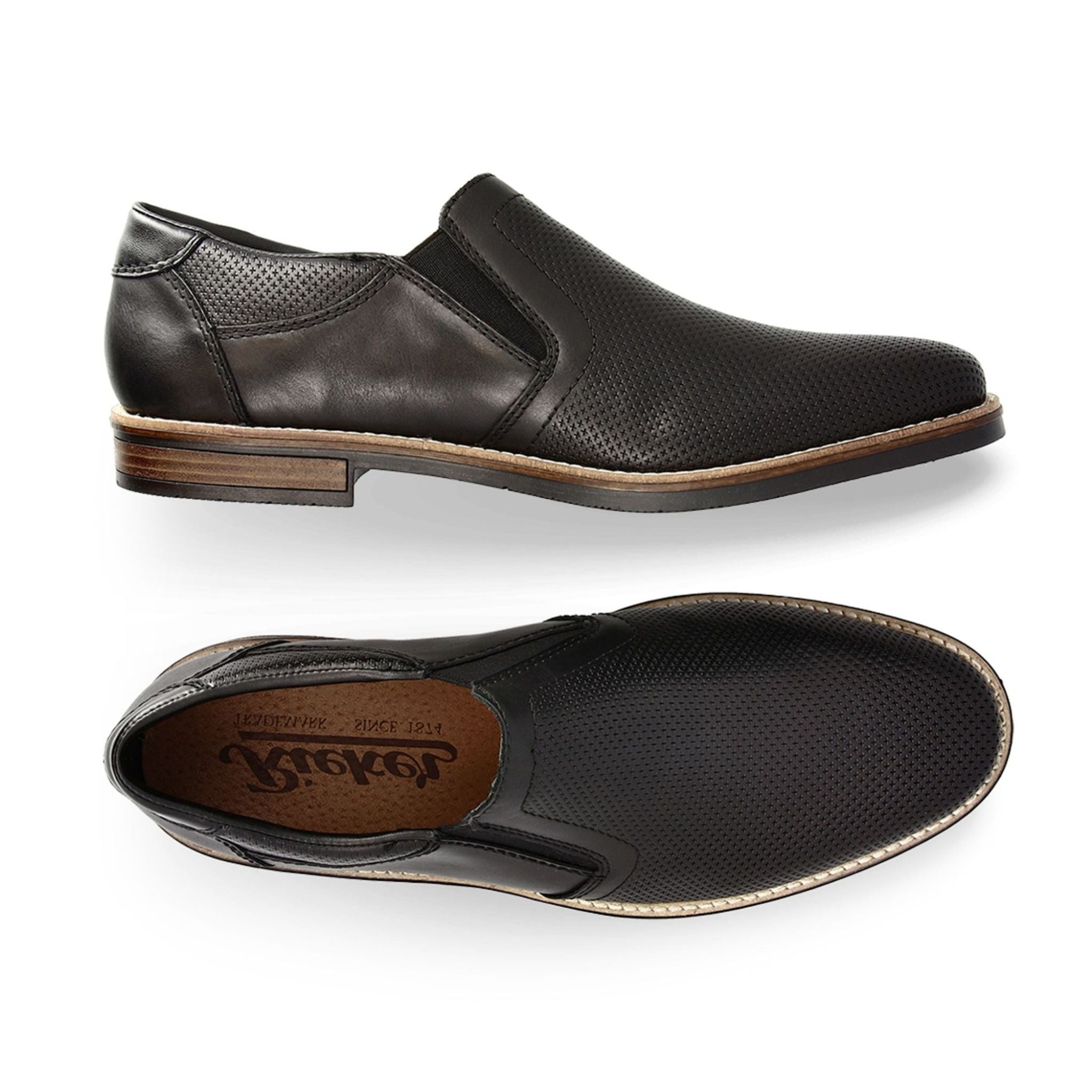 Top and siede view of men&#39;s Rieker black, semi-dress loafer with perforations.