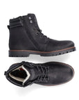 Men's Rieker F3600 black lace-up ankle boots shown from side and top view, featuring lambswool lining and durable treaded outsole.