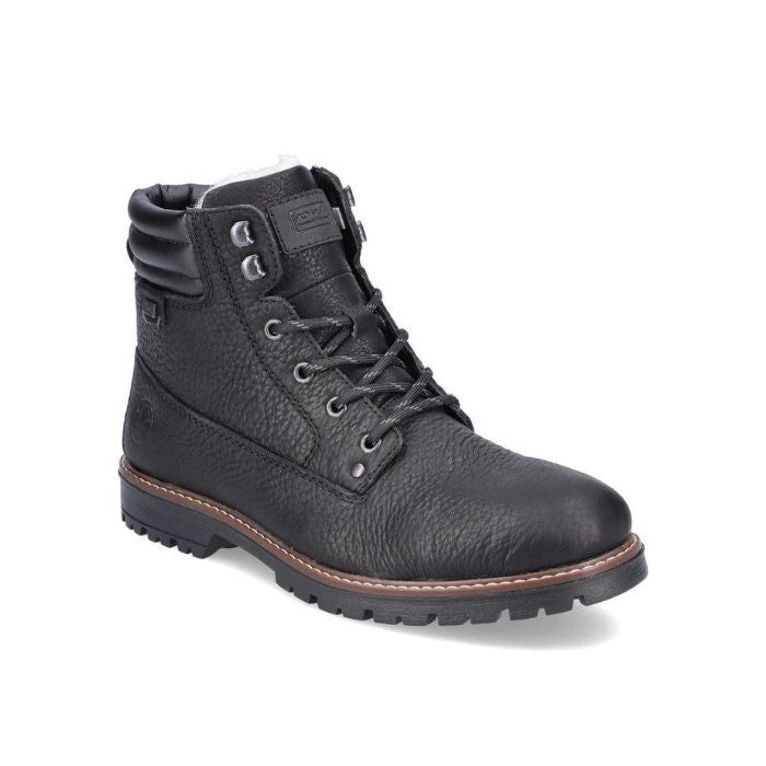 Men&#39;s black leather ankle boot with laces.