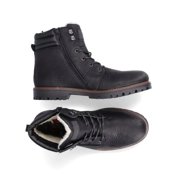 Top and side view of men&#39;s black leather ankle boot with laces. Boot has white fur lining and inside zipper.