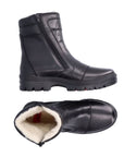 Side and top view of Rieker F5493 men's winter boots featuring double zippers, warm lining, and rugged soles for icy conditions.
